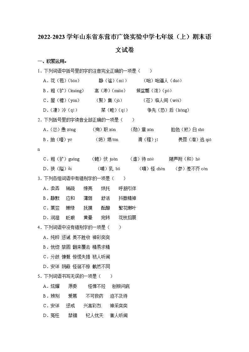山东省东营市广饶实验中学2022-2023学年七年级上学期期末考试语文试卷 (含答案)第1页