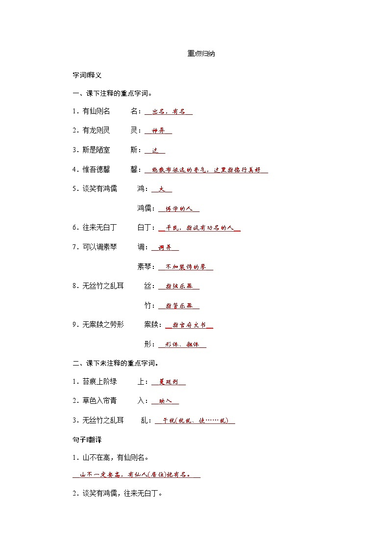 第17课《短文两篇：陋室铭》知识梳理及练习         部编版语文七年级下册02