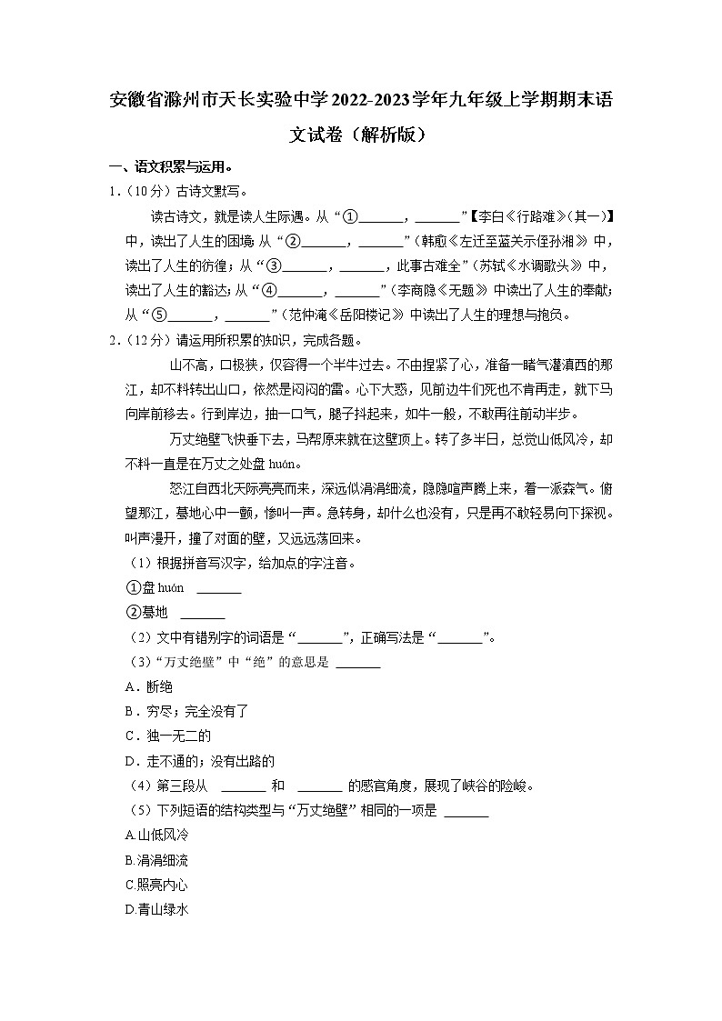 安徽省滁州市天长实验中学2022-2023学年九年级上学期期末语文试卷第1页