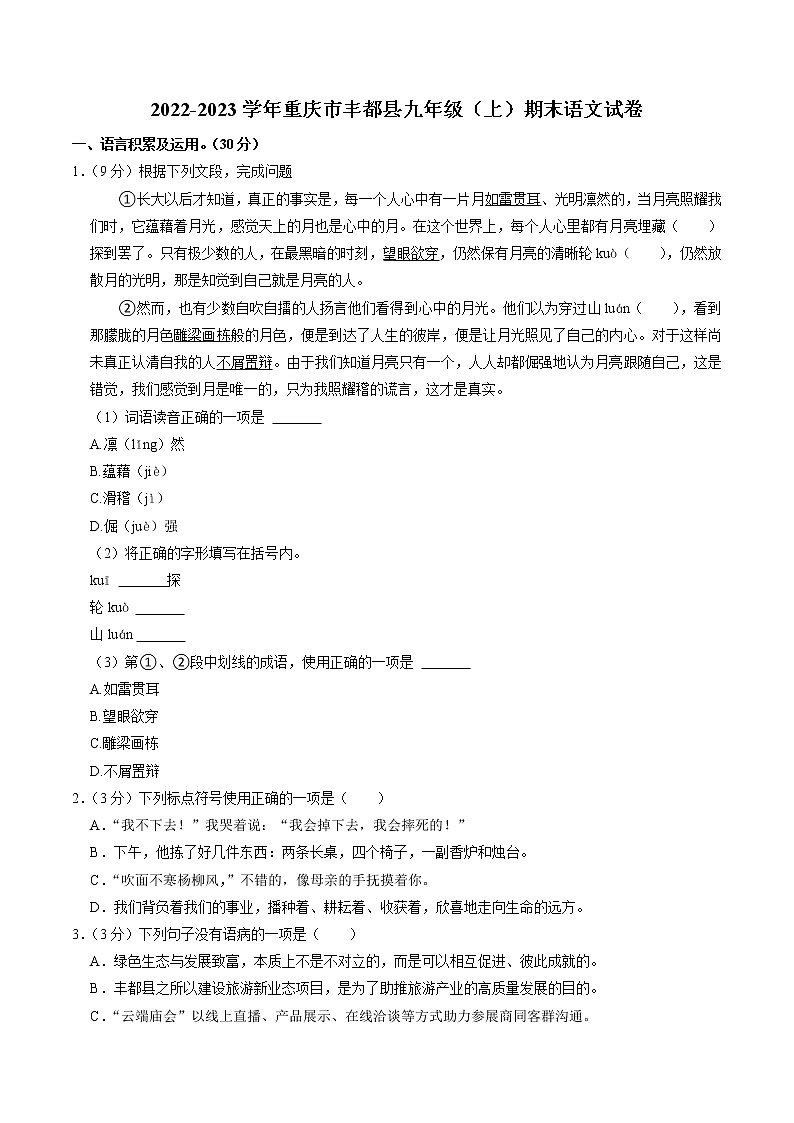 重庆市丰都县2022-2023学年九年级上学期期末语文试卷01