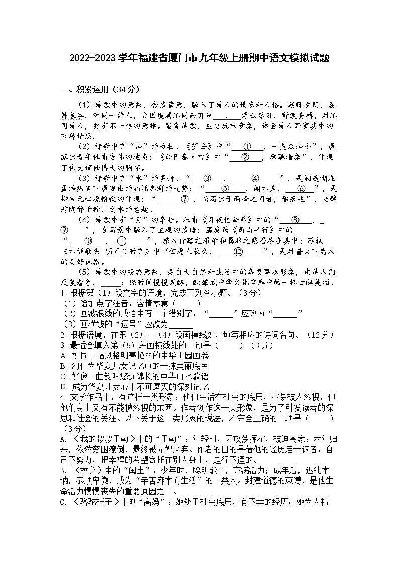 2022-2023学年福建省厦门市九年级上册期中语文模拟试题（含解析）第1页