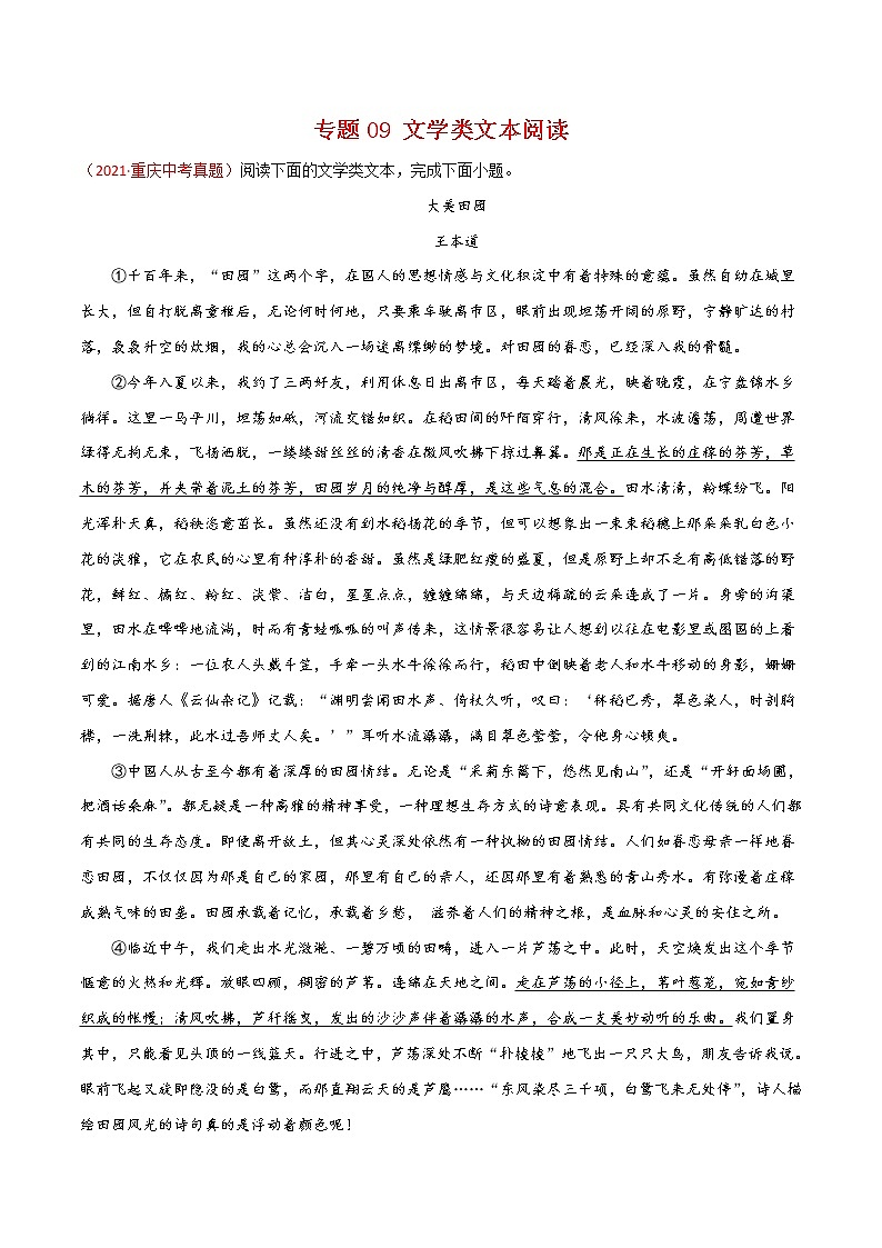 2021年中考语文真题分类汇编专题09 文学类文本阅读（第2期）（教师版）第1页