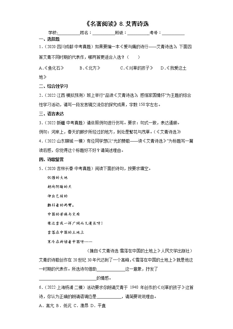 【备考2023】中考语文一轮《名著阅读》通关练9.艾青诗选 试卷（含答案解析）第1页
