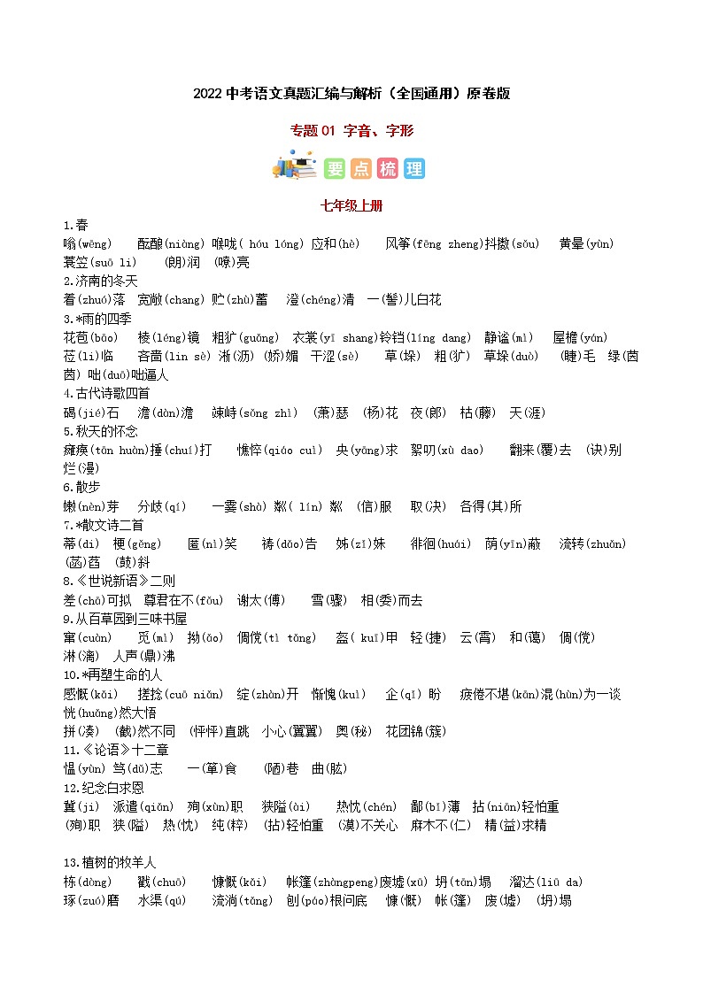 专题01 字音、字形-中考语文知识梳理与分类训练（全国通用）原卷版第1页