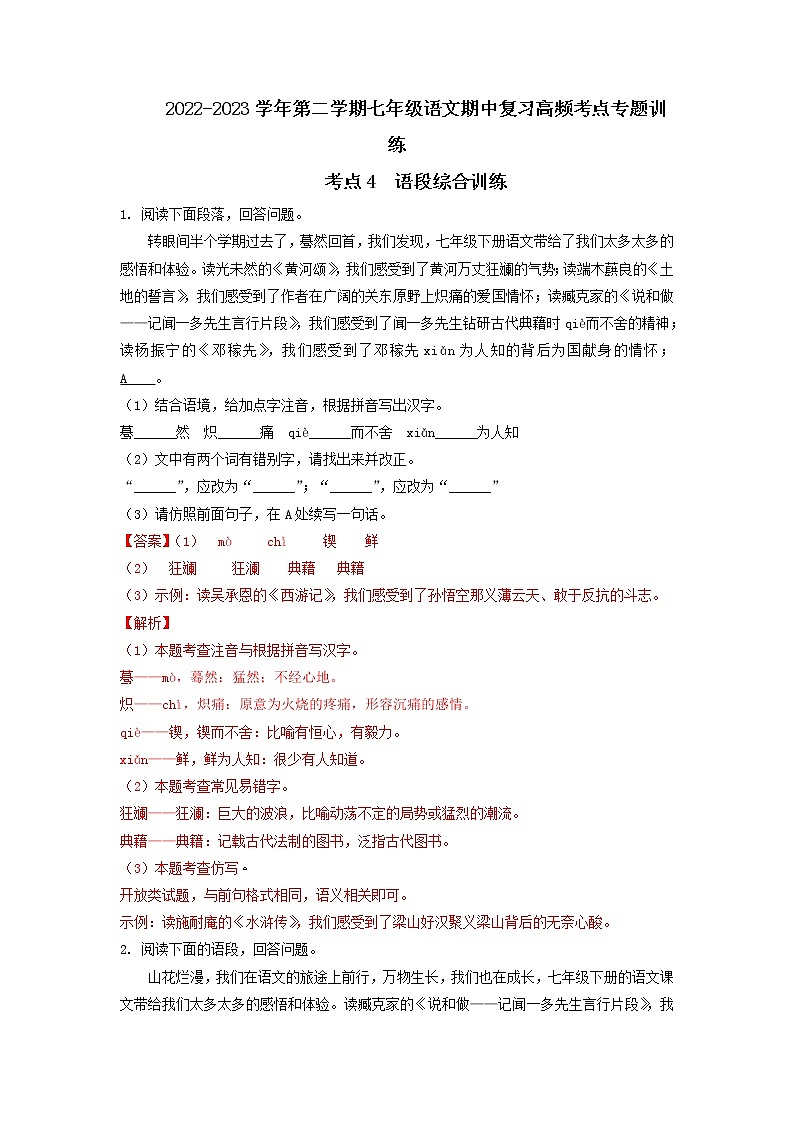 考点4 语段综合训练（期中备考）-2022-2023学年七年级下册语文期中期末考试高频考点专题训练（解析版）第1页