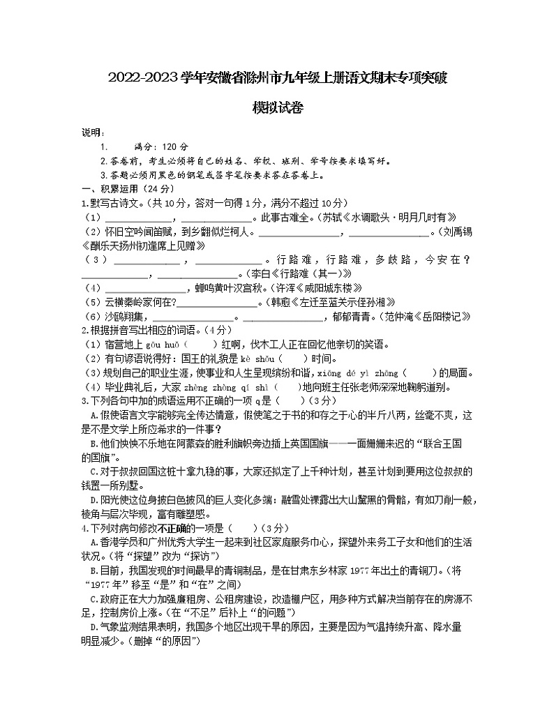 2022-2023学年安徽省滁州市九年级上册语文期末专项突破模拟试卷01