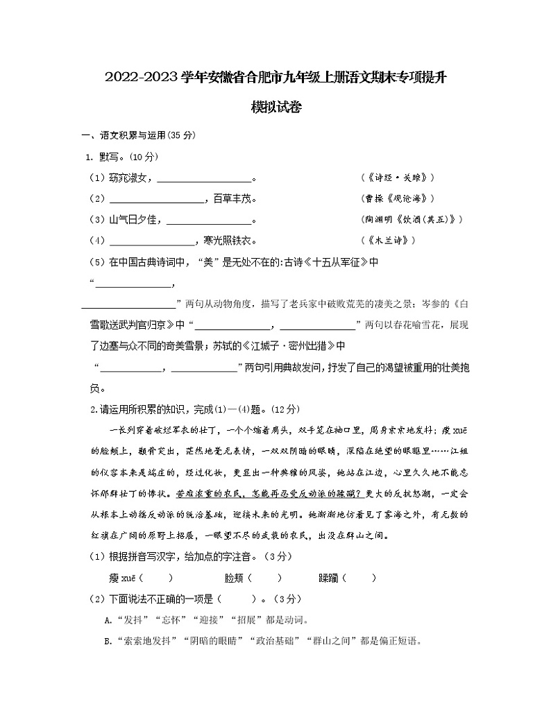 2022-2023学年安徽省合肥市九年级上册语文期末专项提升模拟试卷（含解析）01
