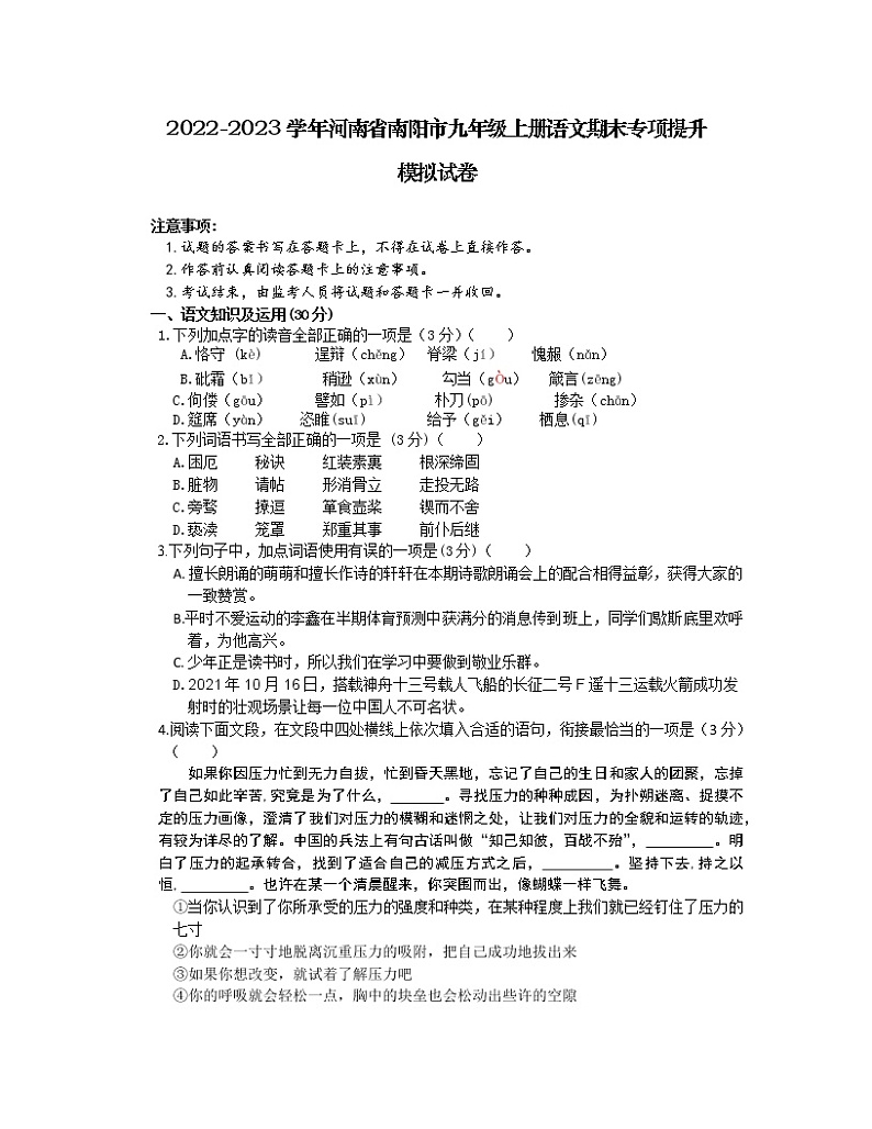 2022-2023学年河南省南阳市九年级上册语文期末专项提升模拟试卷（含解析）01