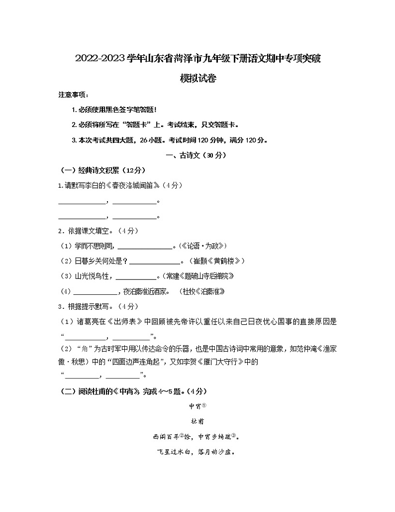 2022-2023学年山东省菏泽市九年级下册语文期中专项突破模拟试卷（含解析）01