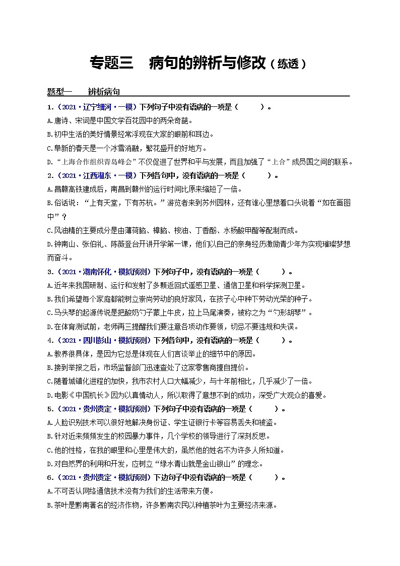 中考语文一轮复习 专题3   病句的辨析与修改（练透）-【2022讲通练透一轮】01