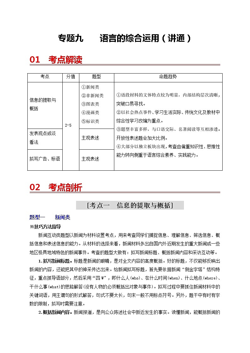 中考语文一轮复习 专题9  语言的综合运用（讲通）-【2022讲通练透一轮】01