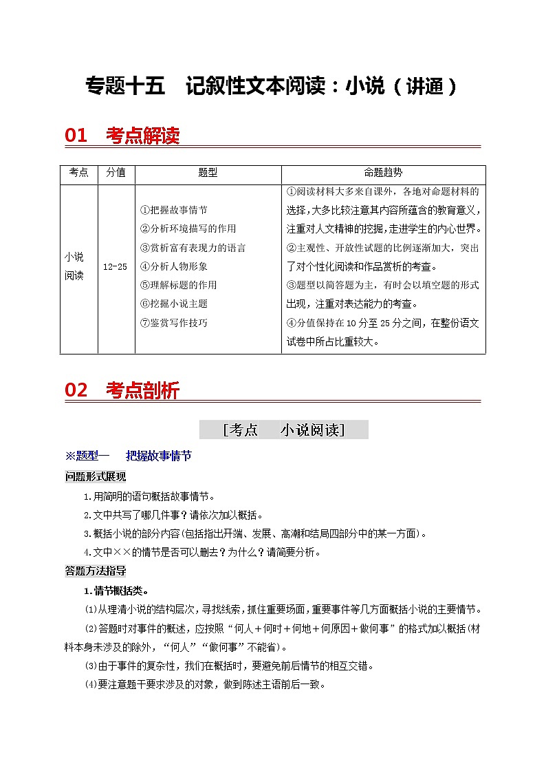 中考语文一轮复习 专题15  记叙性文本阅读：小说（讲通）-【2022讲通练透一轮】01