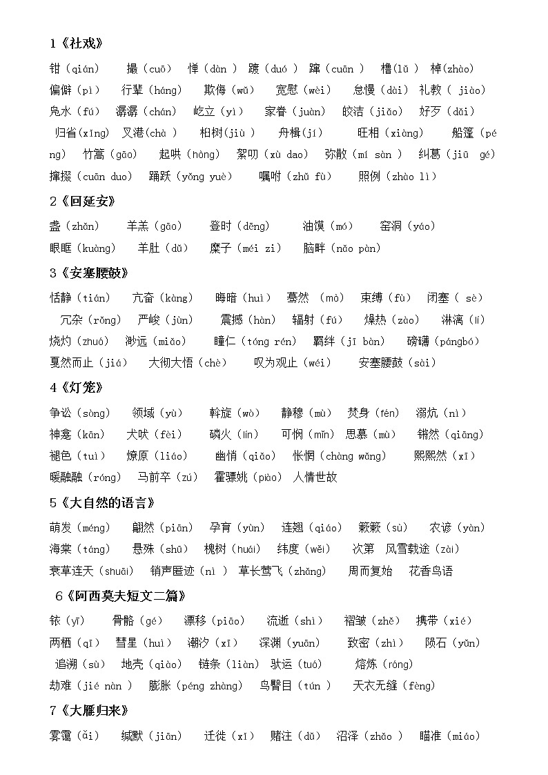 八年级下册重点字词及文言文知识点整理第1页