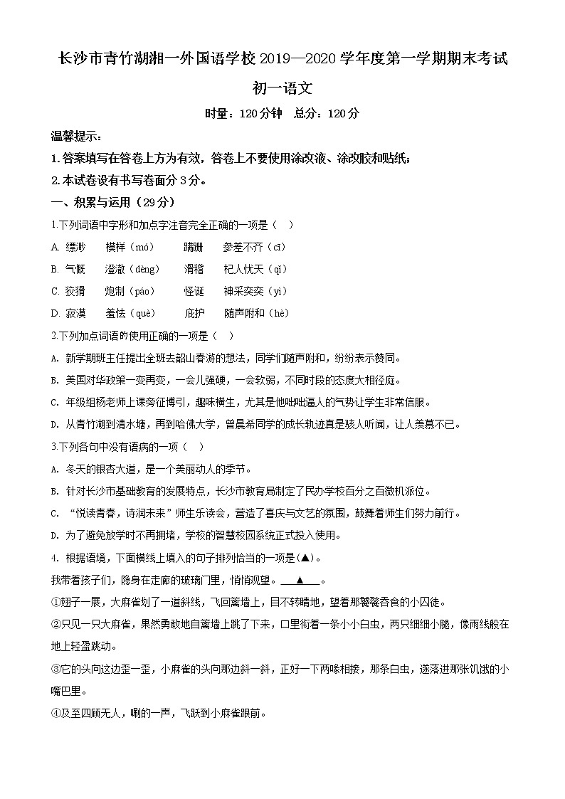 湖南省长沙市2019-2020青一七上语文（无答案）第1页