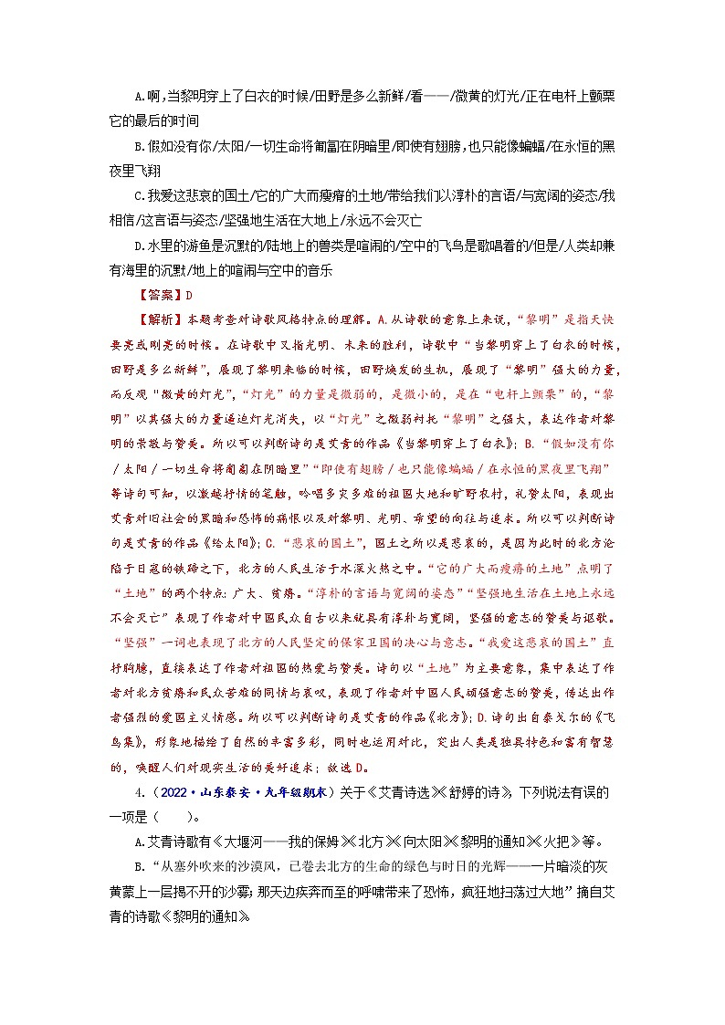 专题十一 现代诗阅读（原卷+解析）-2022-2023学年中考语文一轮复习强化训练（全国版）02