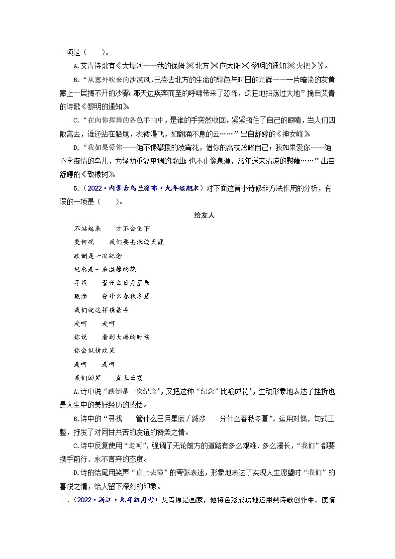 专题十一 现代诗阅读（原卷+解析）-2022-2023学年中考语文一轮复习强化训练（全国版）02
