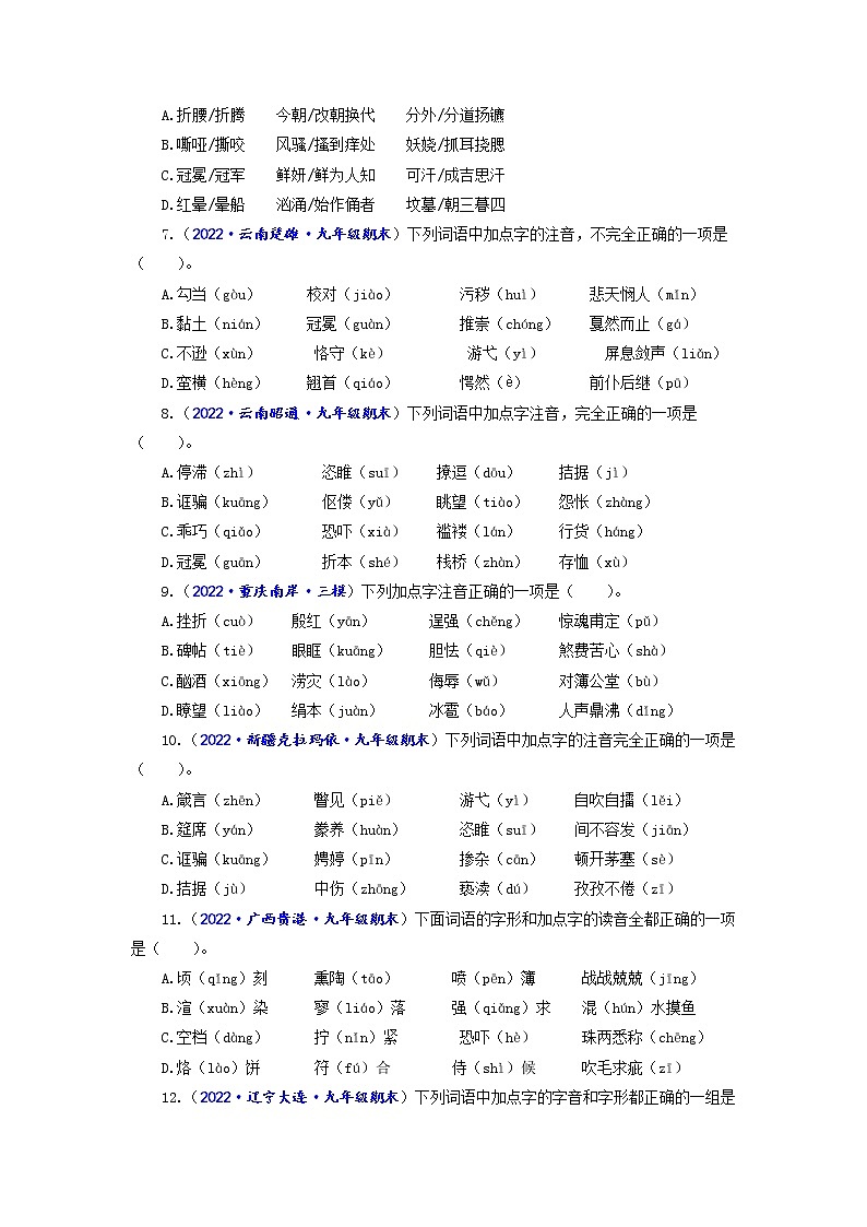 专题一 字音字形-2022-2023学年中考语文一轮复习强化训练（全国版）（原卷版）第2页