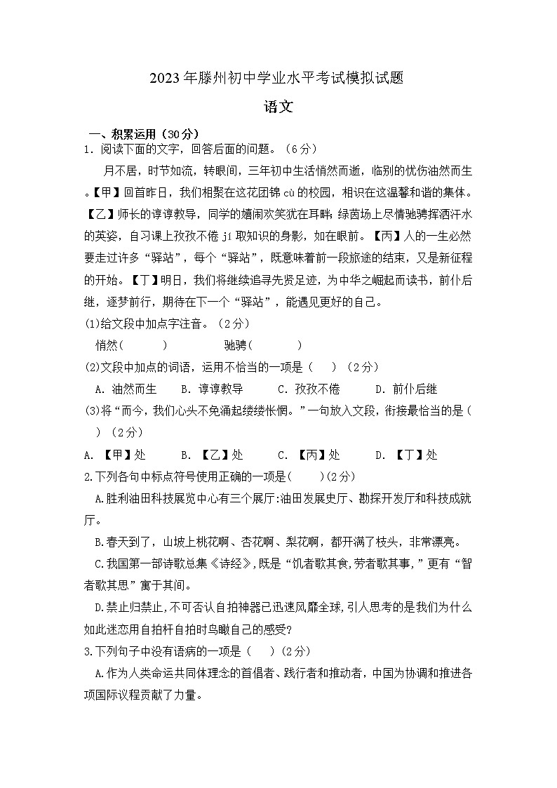 2023年山东省枣庄市滕州市鲍沟中学中考一模语文试题01