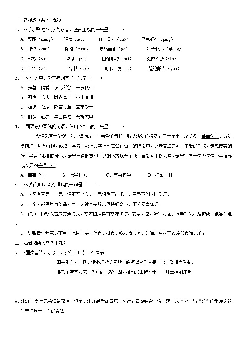 人教版语文中考模拟精品试题（含详细解析）第1页