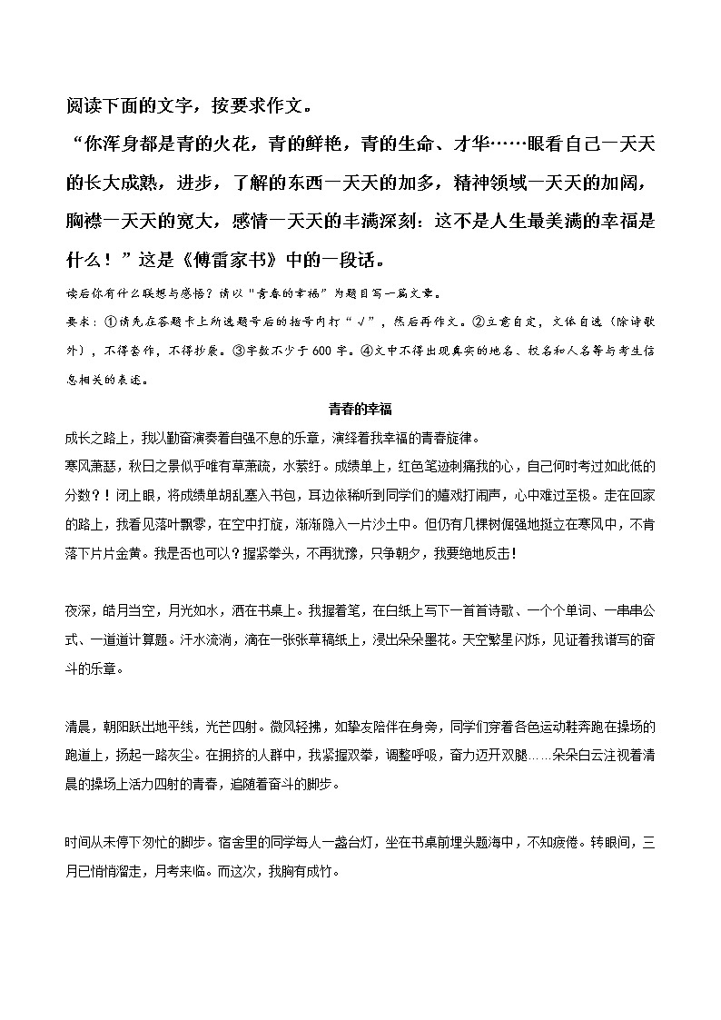 专题19  《青的幸福》《少年正是读书时》《微光》《我走过了风雨》《与书的美丽邂逅》《坚守》-冲刺中考语文考场作文必背范文100篇第1页