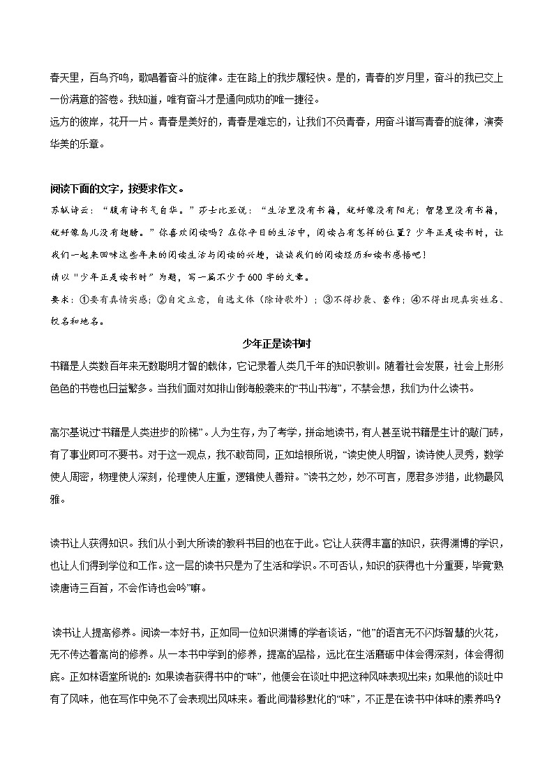 专题19  《青的幸福》《少年正是读书时》《微光》《我走过了风雨》《与书的美丽邂逅》《坚守》-冲刺中考语文考场作文必背范文100篇第2页