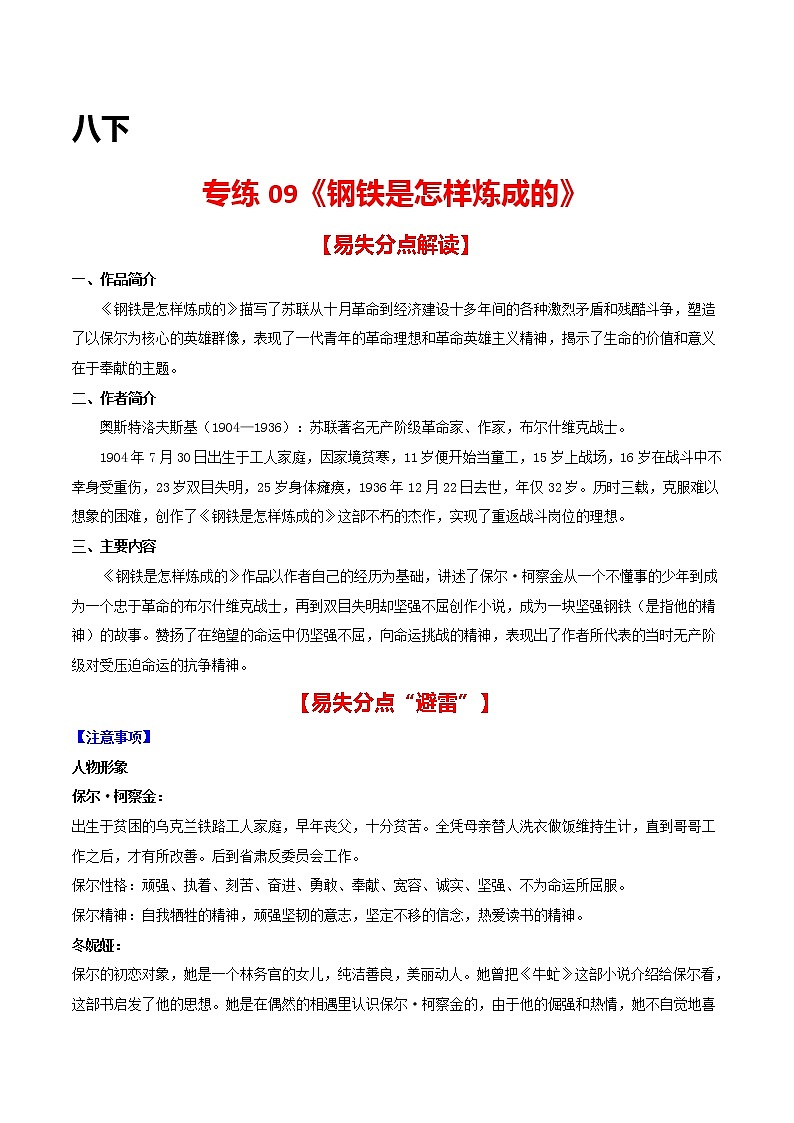 专练09 八下《钢铁是怎样炼成的》-中考语文名著导读专练（全国通用）01