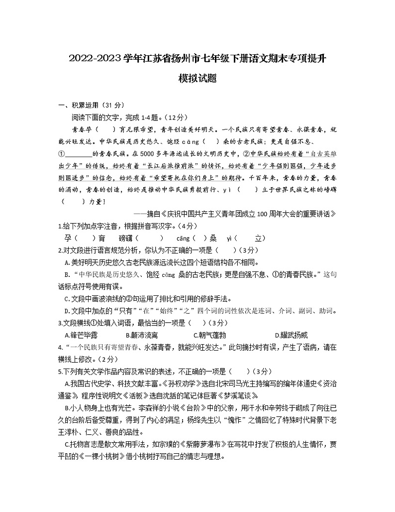 2022-2023学年江苏省扬州市七年级下册语文期末专项提升模拟试题第1页