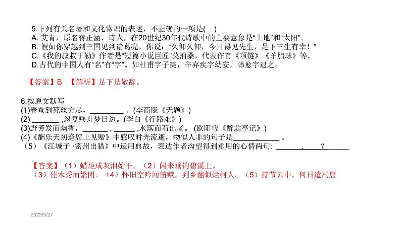 字音、字形、词语运用、病句、文学常识、默写综合练习课件-2023年湖南株洲中考语文复习第7页