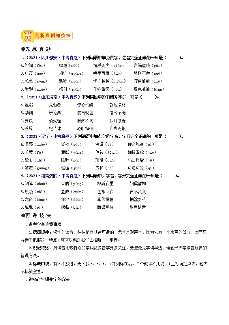 中考语文三轮冲刺过关 查补易混易错点01   字音、字形（教师版） 试卷02