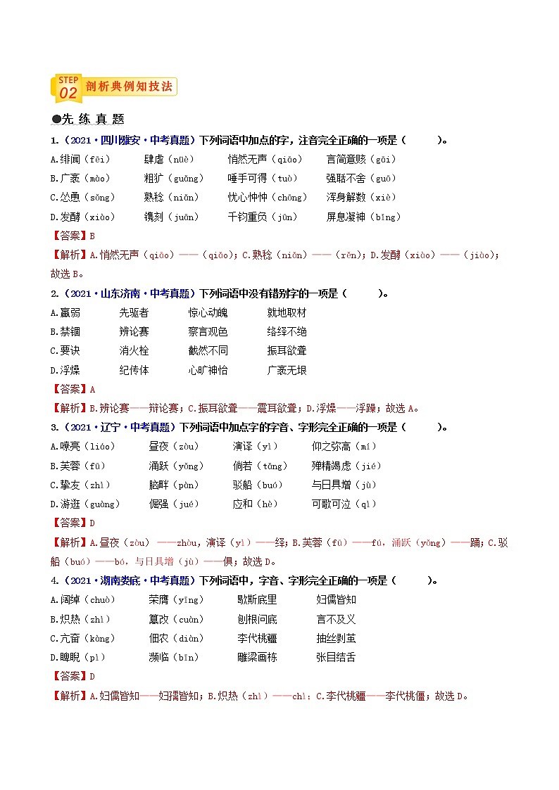 中考语文三轮冲刺过关 查补易混易错点01   字音、字形（教师版） 试卷02