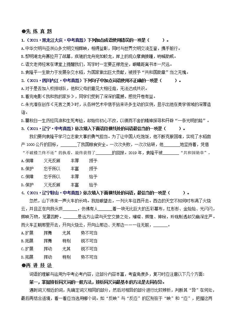 中考语文三轮冲刺过关 查补易混易错点02   词语的综合运用 试卷02