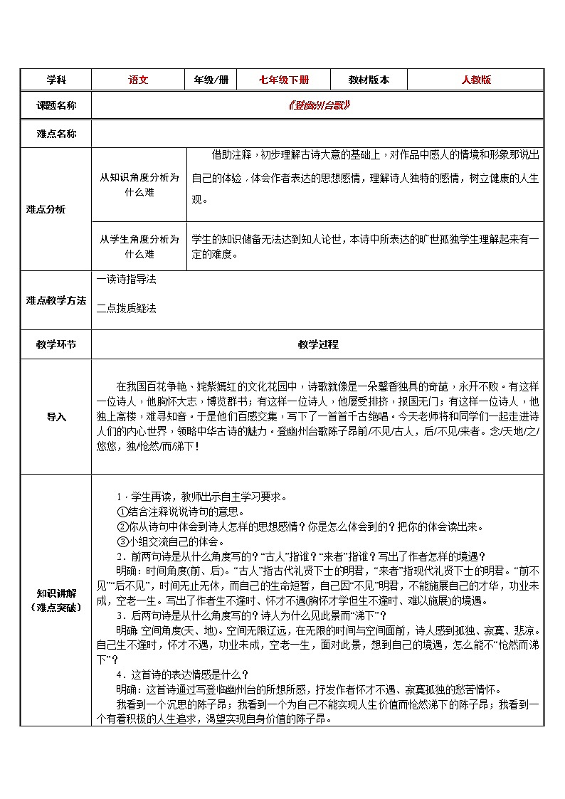 人教版（部编版）初中语文七年级下册 21.现代诗歌五首  登幽州台歌   教案1第1页