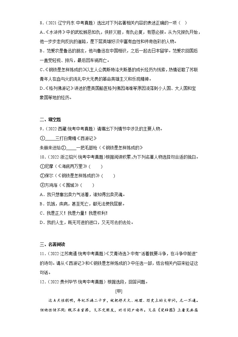 2023年中考语文名著阅读《钢铁是怎样炼成的》真题专练第3页