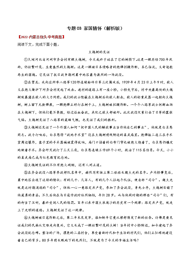 专题03  家国情怀-2022年中考真题记叙文热点主题分类精选01