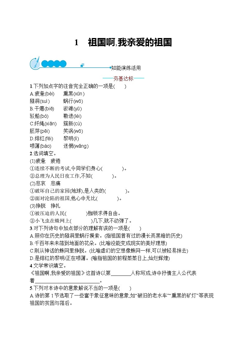 部编九年级语文下册1　祖国啊,我亲爱的祖国同步练习01