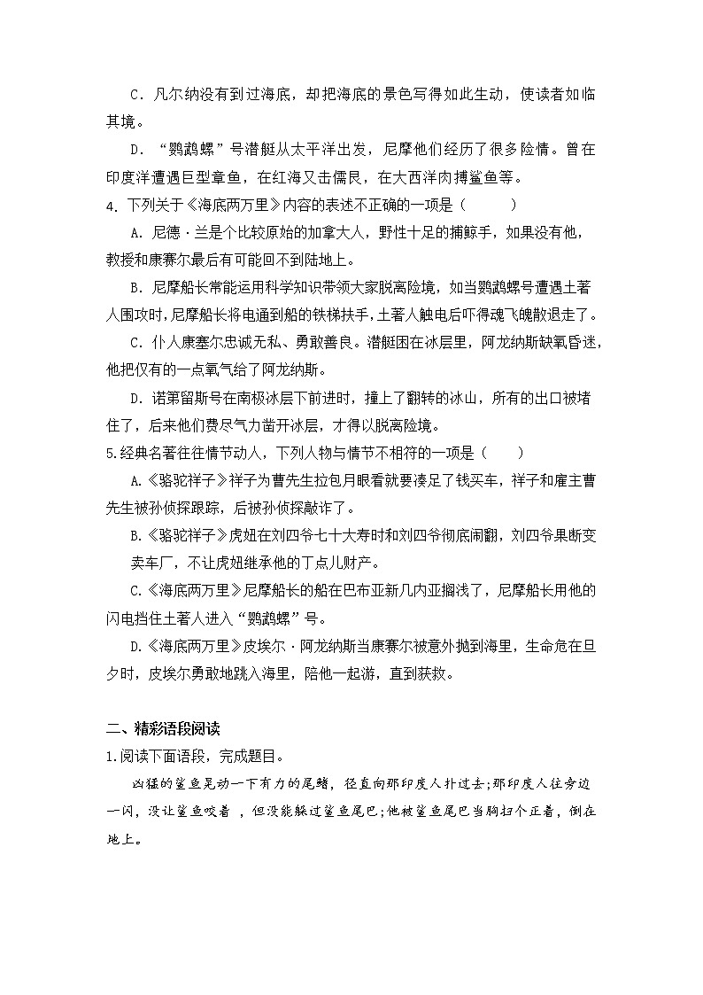期末复习名著导读《海底两万里》训练 部编版语文七年级下册（含答案）第2页