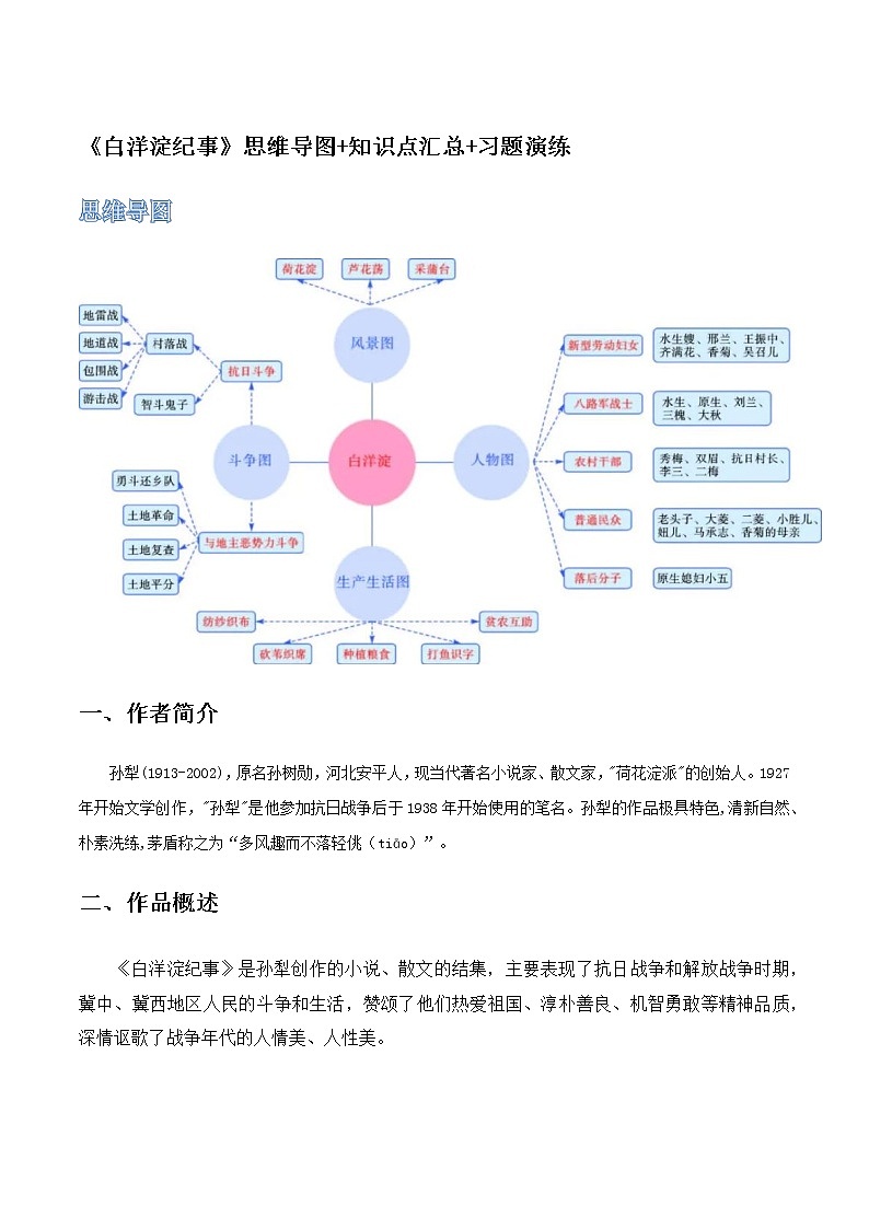《白洋淀纪事》（原卷版+解析版）-初中语文名著导读之思维导图+知识点汇总+考点速记+习题演练01