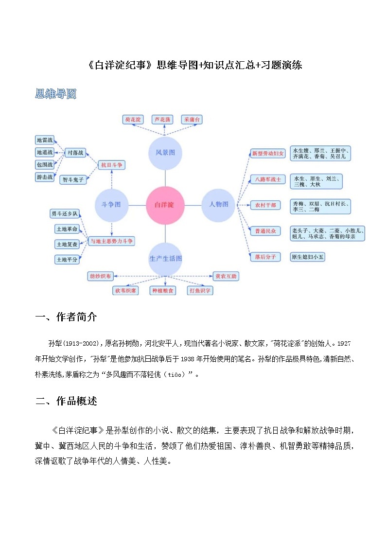 《白洋淀纪事》（原卷版+解析版）-初中语文名著导读之思维导图+知识点汇总+考点速记+习题演练01