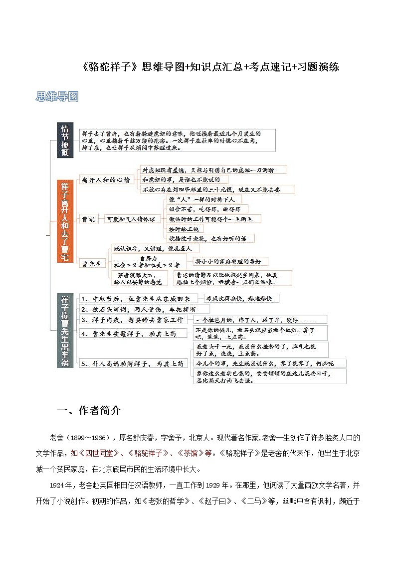 《骆驼祥子》-初中语文名著导读之思维导图+知识点汇总+考点速记+习题演练（原卷版）第1页