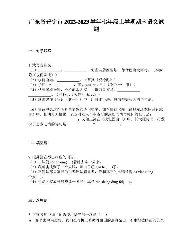 广东省普宁市2022-2023学年七年级上学期期末语文试题第1页
