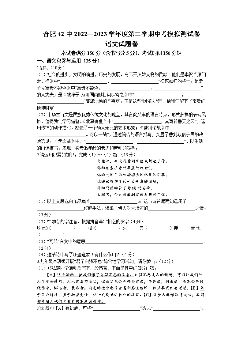 2023年安徽省合肥市第四十二中学中考一模语文试题01