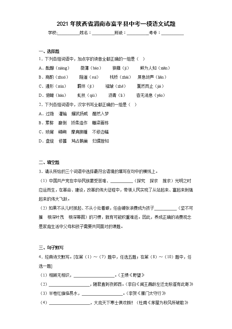 2021年陕西省渭南市富平县中考一模语文试题（含答案）01