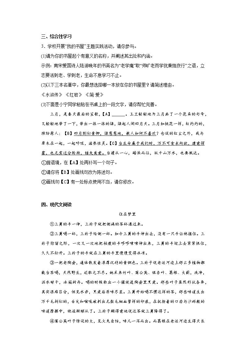 2023年安徽合肥滨湖寿春中学中考一模语文试题（含答案）第2页