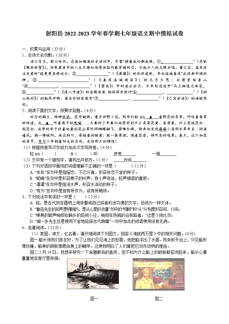 期中模拟试卷 江苏省盐城市射阳县 2022-2023学年部编版语文七年级下册01