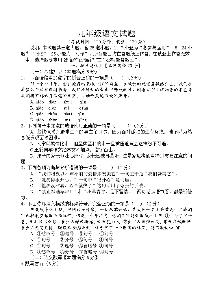 山东省青岛市西海岸新区初级中学2022-2023学年九年级下学期语文练习卷01
