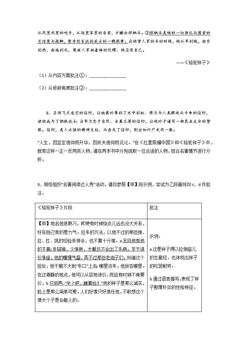 《骆驼祥子》精选练习-中考一轮复习第二弹：名著导读03