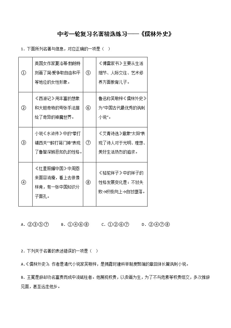 《儒林外史》精选练习-中考一轮复习第二弹：名著导读（学生版）第1页