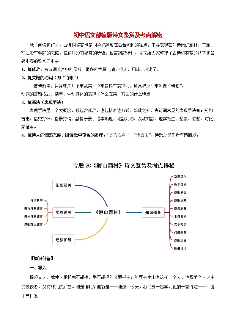 部编版初一语文下册诗文鉴赏及考点解密  专题20《游山西村》诗文鉴赏及考点揭秘（原卷版）第1页