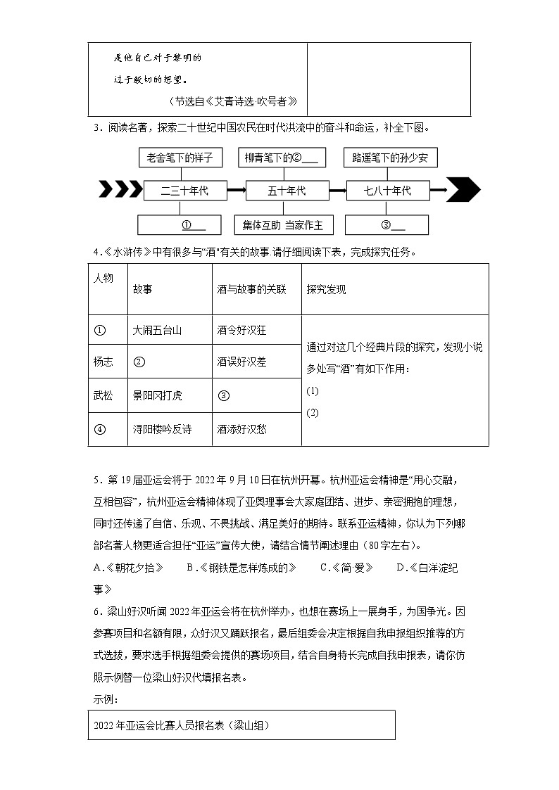 名著阅读练习-2023年中考语文考前专项练习（浙江绍兴）（原卷版）第2页