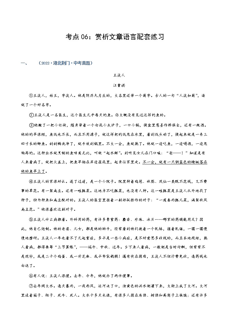 第06讲：赏析文章语言（练习）（教师版+学生版）-2023年中考语文记叙文阅读黄金技巧十讲01
